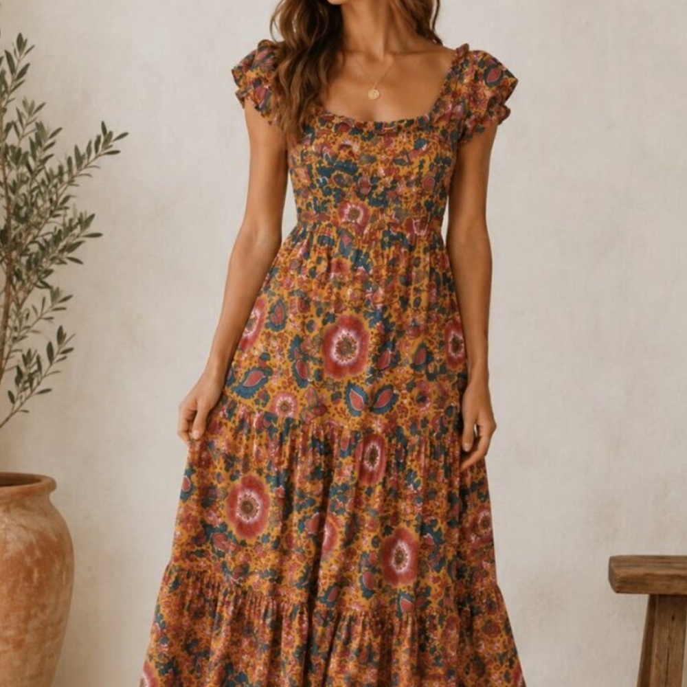House of Harlow 1960 x Nicole Richie Floral Smocked Midi Dress Size Large